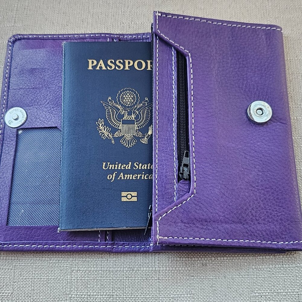 Passport Holder Purple Genuine Leather Bifold Wallet Purse Cardholder Handmade